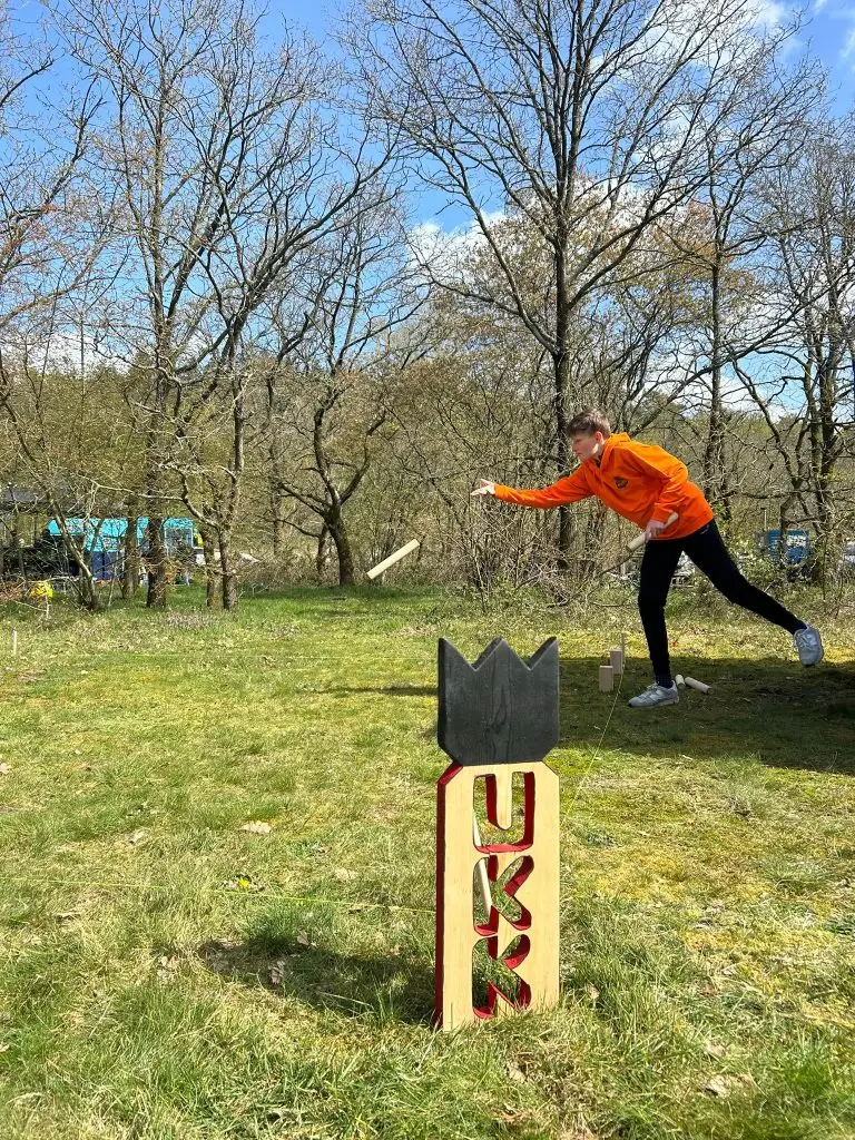 Kubbsets en houten spelmateriaal liggen klaar op het gras, verzorgd door Kubb.nl.